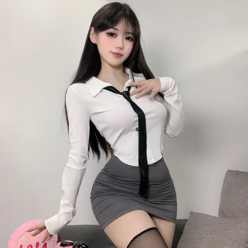 Sexy Secretary Uniform Cosplay Costume White Shirt Mini Skirt Set Women OL Teather Outfits Roleplay Nightwear Underwear Lingerie