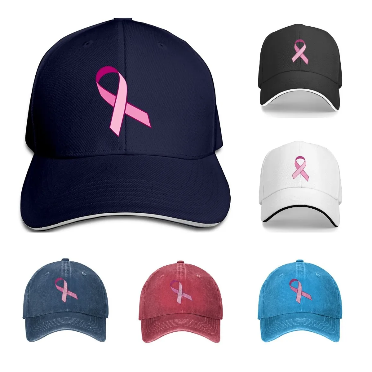 Sombreros de sarga lavada para hombres, gorra de sándwich, cinta rosa, concientización sobre el cáncer de mama