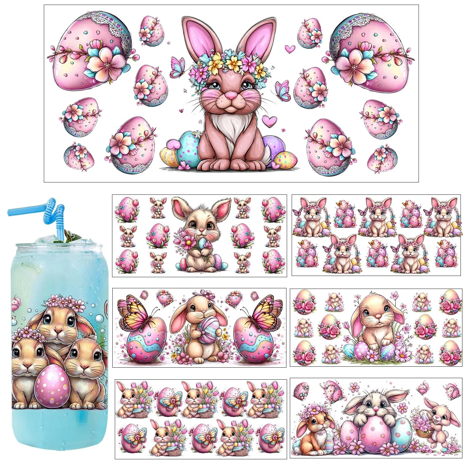 Easter Cute Bunny easy peel waterproof DIY Decals 3D transfers uvdtf seal stickers 16oz uv dtf cup wraps