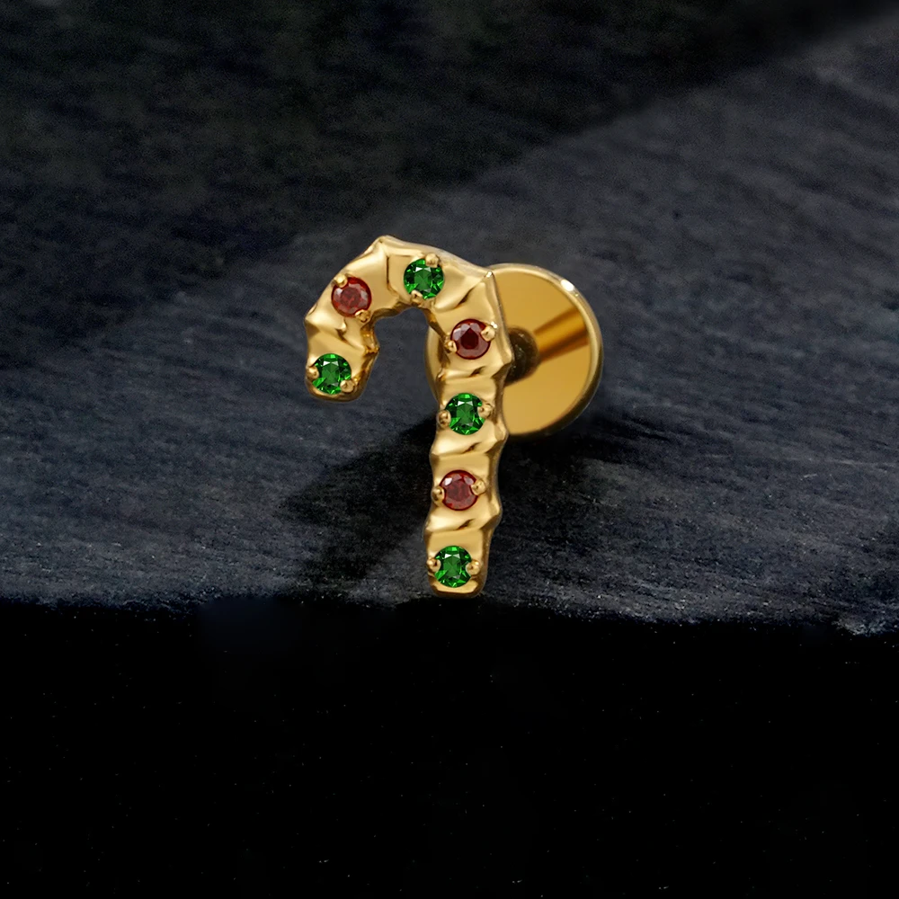 Right Grand ASTM F136 Titanium Christmas Candy Cane Flat Back Earring 16G Cartilage Helix Tragus Lobe Piercing Stud Labret Monroe Jewelry Christmas Gift Jewelry