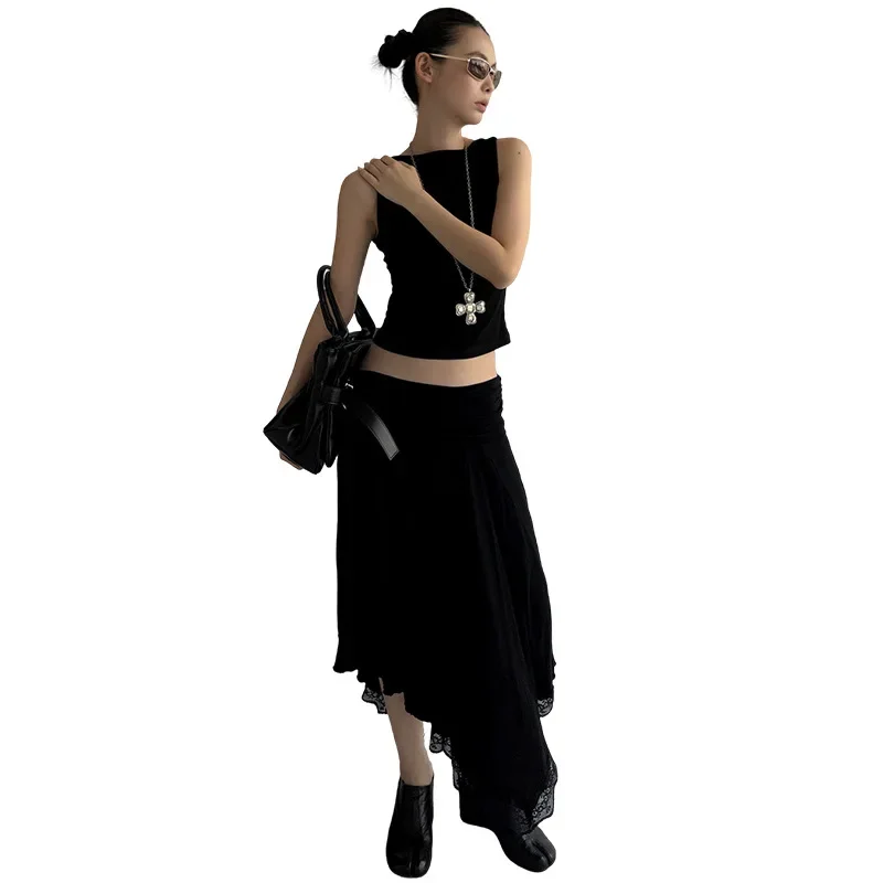 กระโปรงทรงหลวมสีพื้นแต่งลูกไม้ชายกระโปรง แฟชั่นกระโปรงโอเวอร์ไซส์ ผ้าฝ้าย กระโปรงแบบพันรอบสำหรับคู่รัก