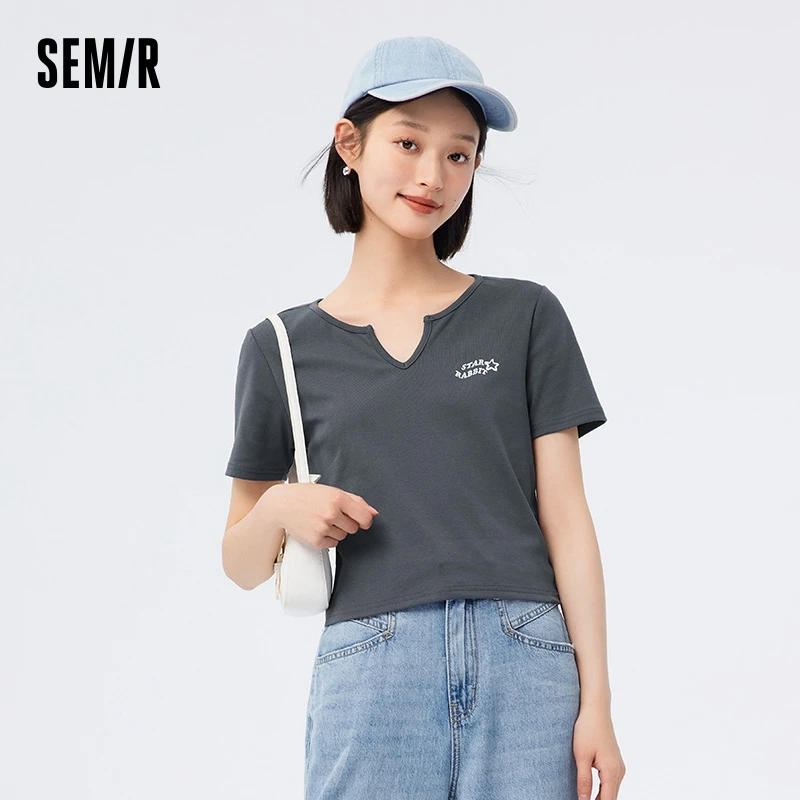 Semir Short-sleeved T-shirt Women Short Tight Casual 2023 New Summer Embroidered Pullover Versatile T-shirt