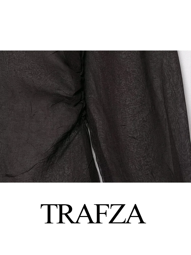 

TRAFZA Women Autumn Fashion Bow Decorative Translucent Shirt Female Elegant Sexy Single Breasted Slim Long Sleeve Casual Shirt