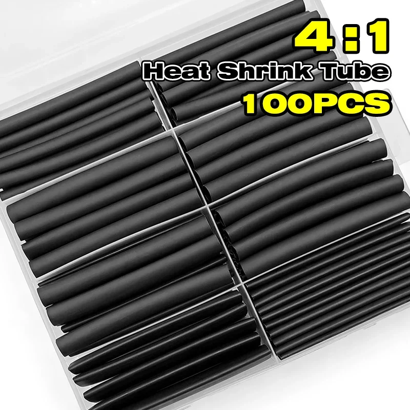 100pcs Black 4:1 Heat Shrink Tube Kit Waterproof Flame Retardant For Air Conditioner Refrigerator Internal Cable Joint Repair