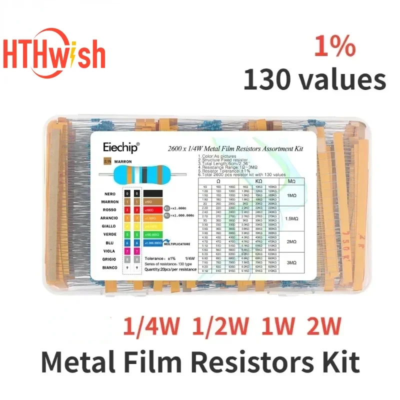 650-2600pcs 1/4W 1/2W 1W 2W Metal Film Resistor Assorted Kit 1~3M ohm Resistance 130 Values Set of Resistors 1% High-Quality