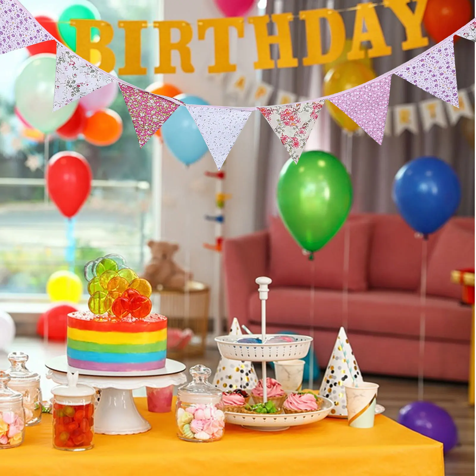 

1 String Vintage Floral Cotton Bunting Banner For Birthday Party Decoration Triangle Pennant Flags Wedding Celebration
