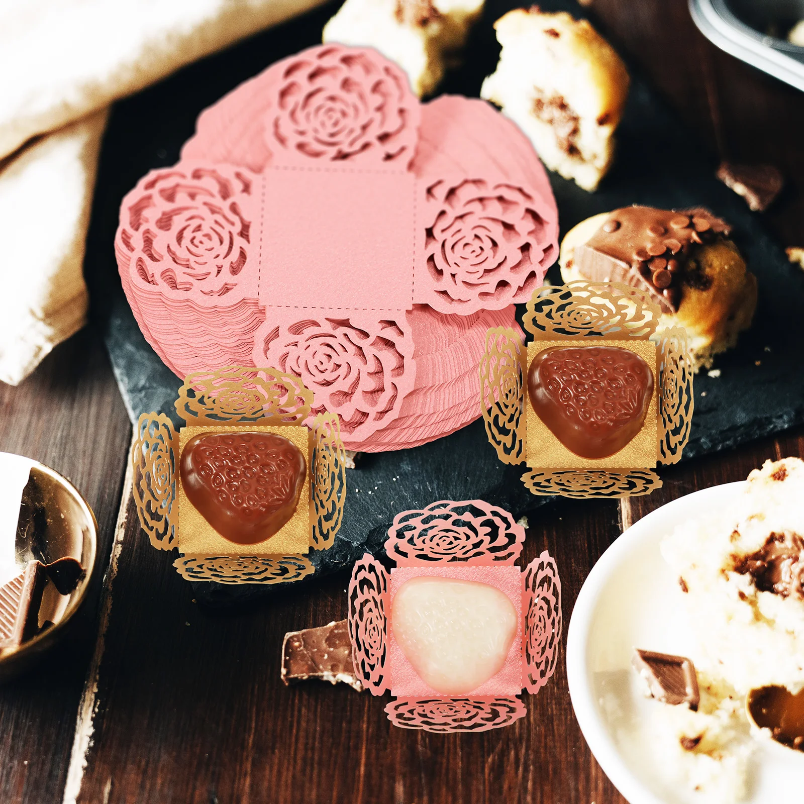 

Chocolate Truffle Wrappers Elegant Rose Design Party Wedding Birthday Baking Cups Paper Candy Cups For Chocolates Cupcake