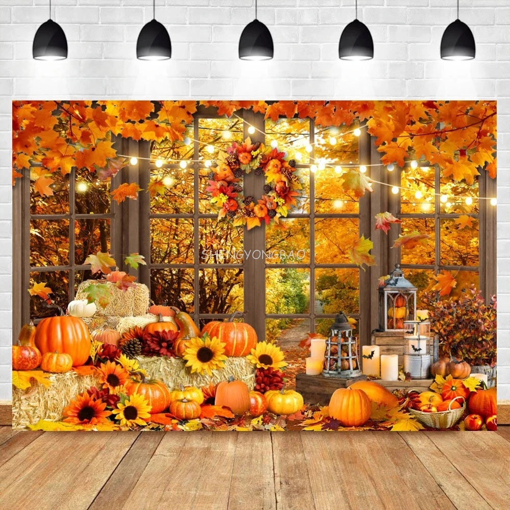 

Thanksgiving Day Fall Forest Backdrop Pumpkin Harvest Hay Maple Leaves Baby Birthday Party Decor Photography Background JC-55