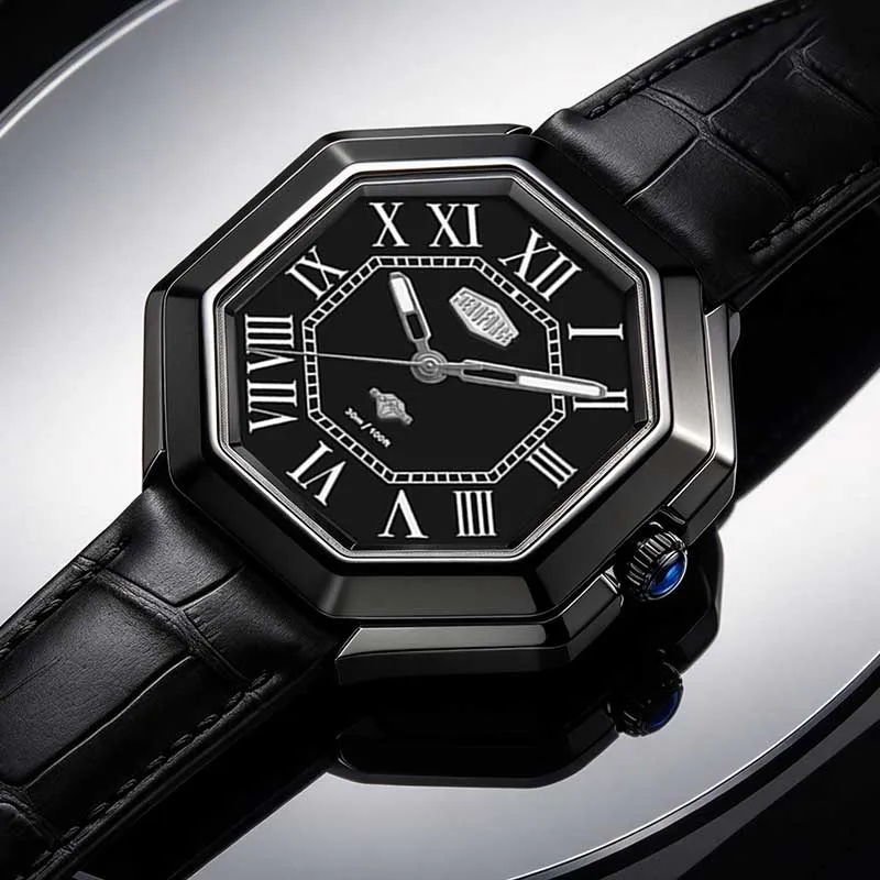 HEROFORCE Vintage Octagonal Case Men Quartz Watch Black Crocodile Grain Leather Strap Roman Dial Waterproof Casual Wrist Watch
