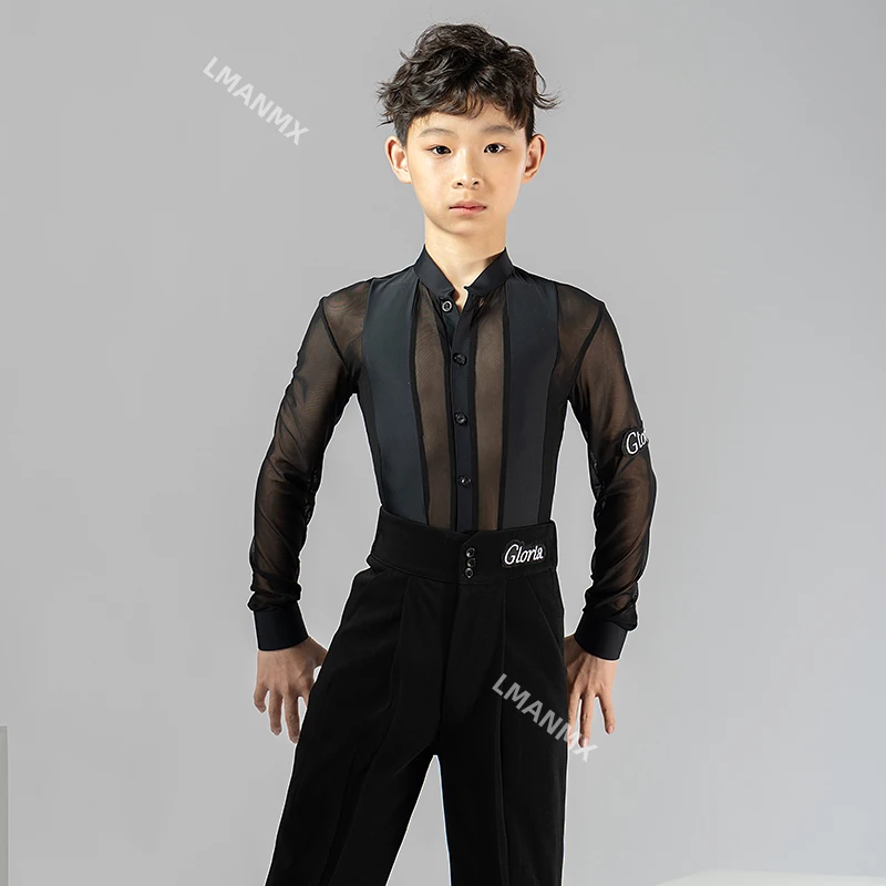 

Mesh Latin Dance Shirt Boys Ballroom Practice Wear Tango Clothing Stage Costume Modern Dancing Outfit