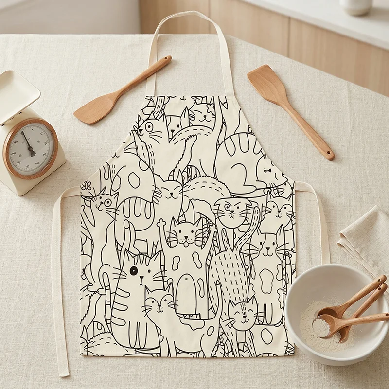 

Cute Cartoon Cat Print Kitchen Apron Black And White Doodle Kitten Bib For Women Men Home Cooking Baking Gardening Cleaning Tool