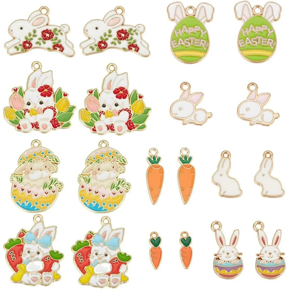 1 Box 20Pcs 10 Styles Rabbit Charms Easter Charm Bulk Metal Alloy Enamel Animal Bunny Rabbits Egg Carrot Dangle