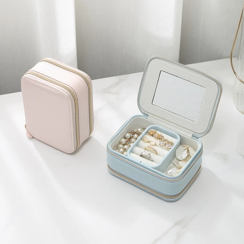 PWS Portable Jewelry Storage Box Organizer Display Travel Jewelry Zipper Case Box Earrings Necklace Rings Jewelry Box