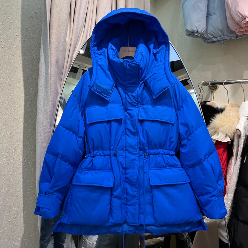 

Klein Blue Women's Mid-Length down Jaet White Du Feather Warm Workwear Hooded Waist-Cinching Winter Outerwear