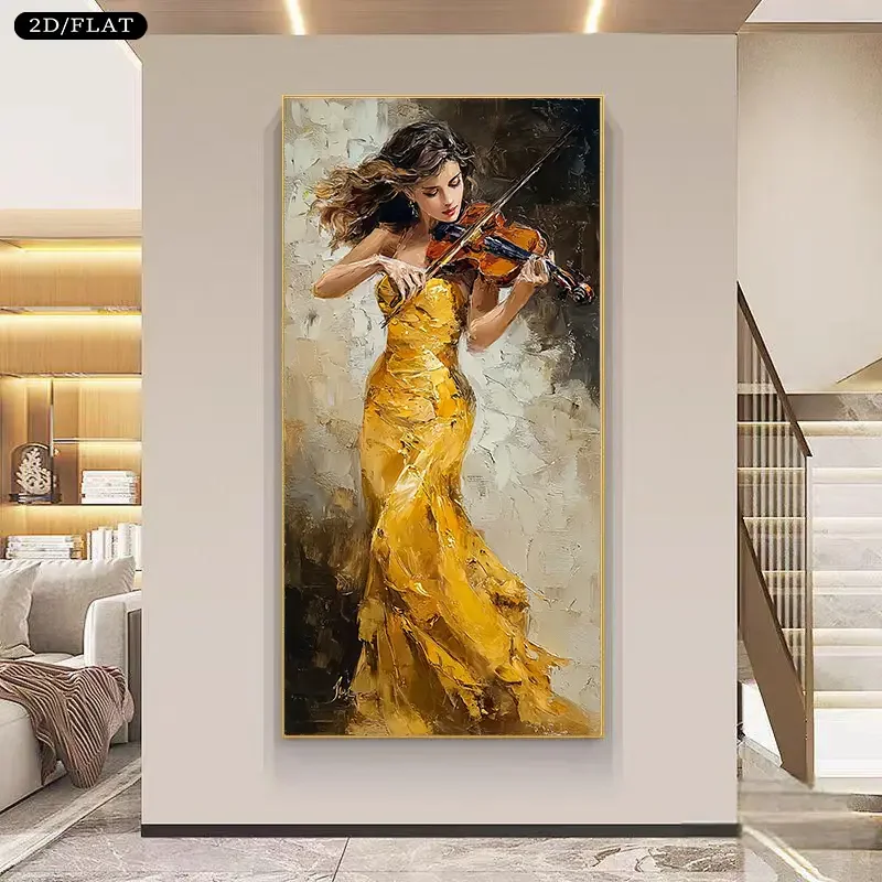 1pc Extra Large Modern Minimalist Violinist in Golden Elegance Canvas Painting - Large Wall Art Poster (27.5x55.1in/70x140cm) -
