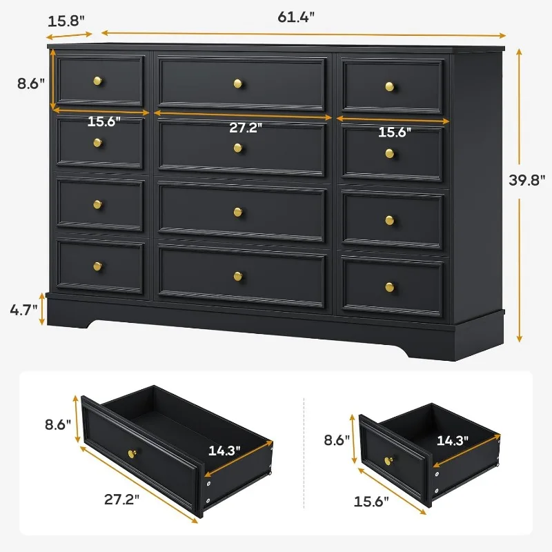 Hasuit Large Dresser with 12 Drawers for Bedroom, 61.4'' Long Modern Chest of Drawers, Black Wide Dressers Clothes Closet, Woode