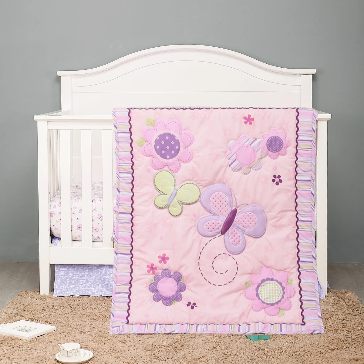 3Pcs Purple Butterfly Baby Girl Nursery Crib Bedding Set Soft Breathable Toddler Bed Set (Comforter+Fitted Sheet+Crib Skirt)