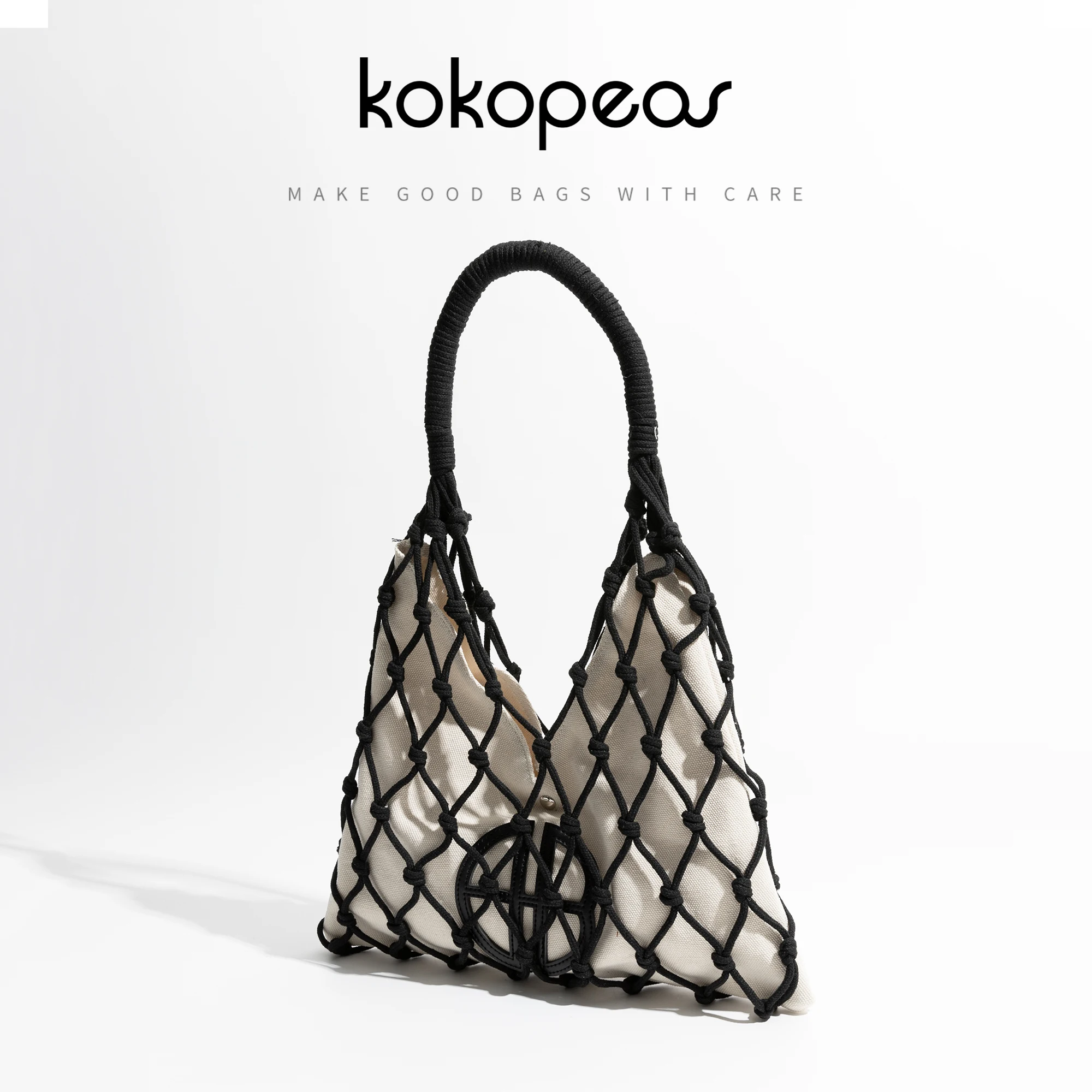 KOKOPEAS-Bolso de hombro de malla de playa para mujer, cartera de mano pequeña, informal, tejido de algodón, de viaje