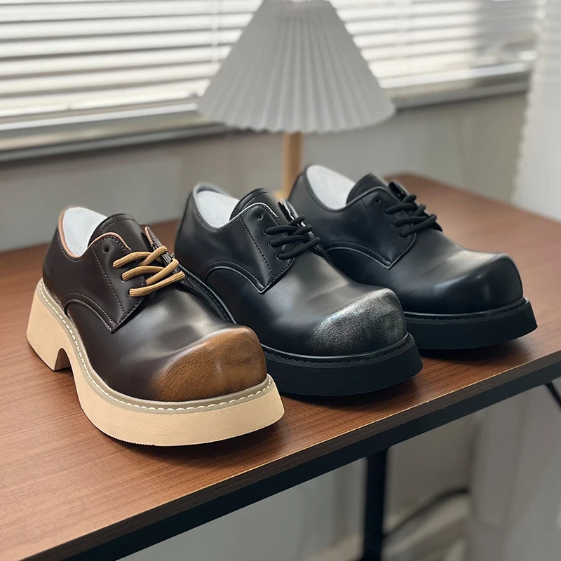 

Men Trendy Fashion Big Head Derby Shoes Casual Lace-up Thick-soled Height-increasing Business Leather Shoes British Style