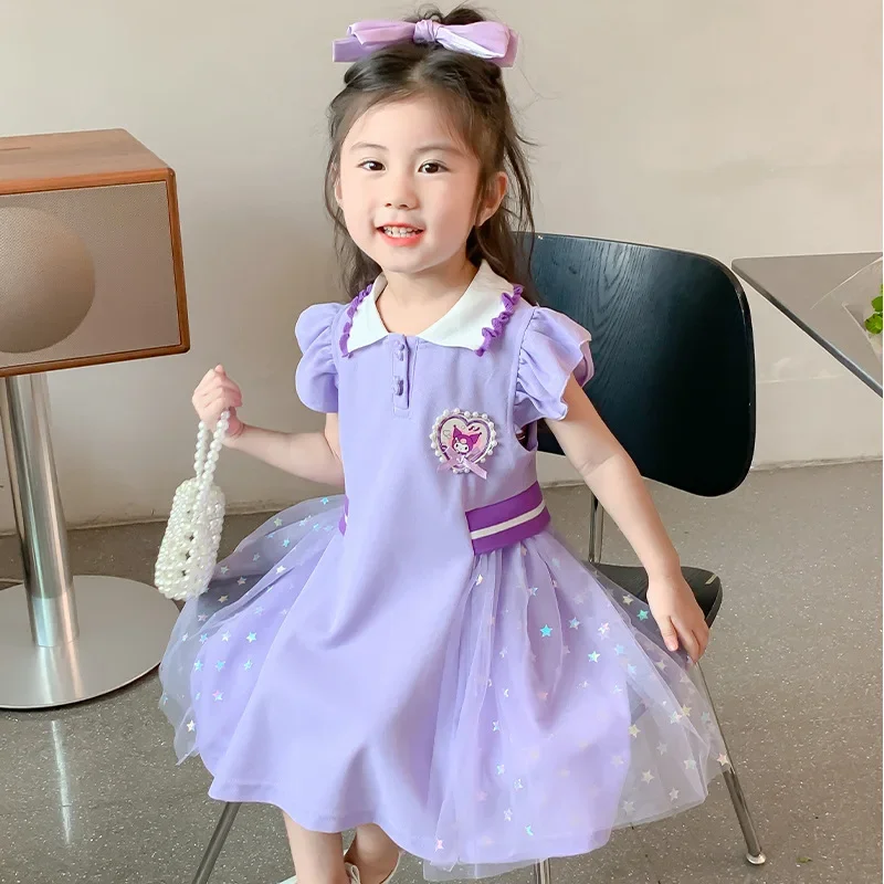 

Girls Kuromi Princess Dress Sanrio Kawaii Anime Tops Summer Sweet Cute Cartoon Babys Skirt Tide Polo Dress Gift for Kids