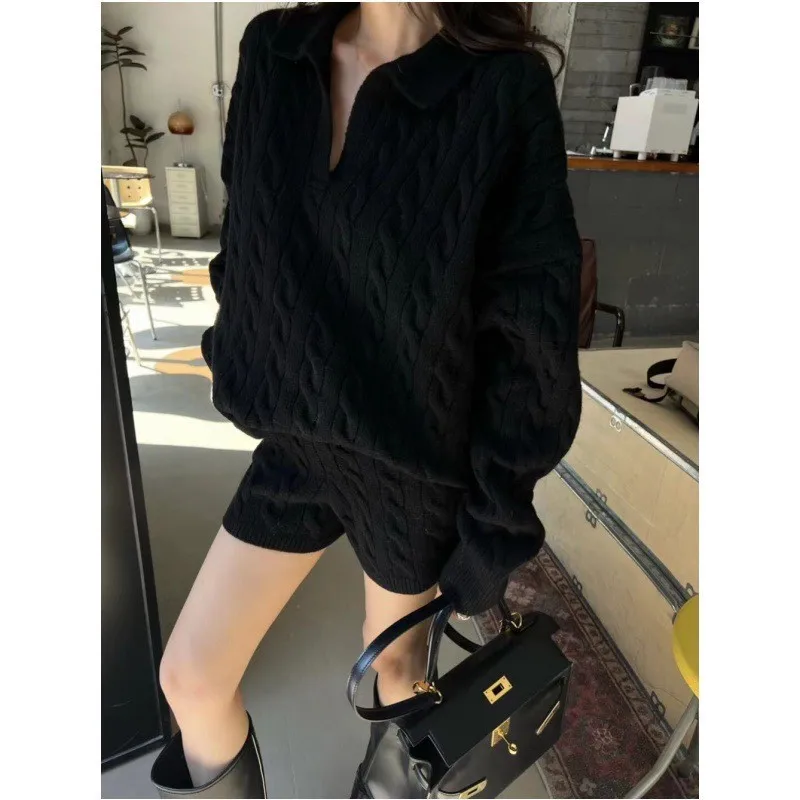 Autumn Knit Sweater & High Waist Shorts Set - alternate angle