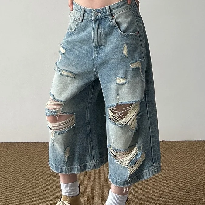 

American Retro Washed Distressed Cat Whiskers Denim Capri For Men And Women New Trendy Loose Design Pants