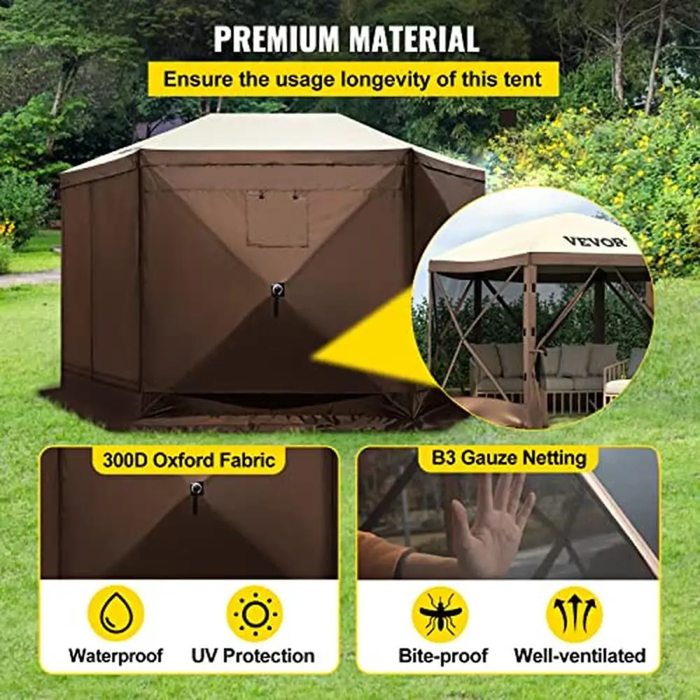 Camping Canopy Gazebo Tela Tenda, 6 Lados Abrigo com Janelas de Malha, Leve Saco e Estacas, Impermeável, À Prova de UV, Pop-up, 12ft x 12ft