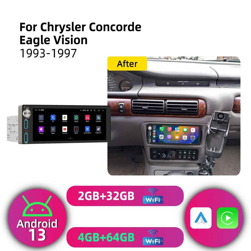 Radio de Coche Android 1 DIN para Chrysler Concorde Eagle Vision 1993-1997, Pantalla de 6.86 Pulgadas, Carplay, Autoradio, Multimedia, GPS, Estéreo