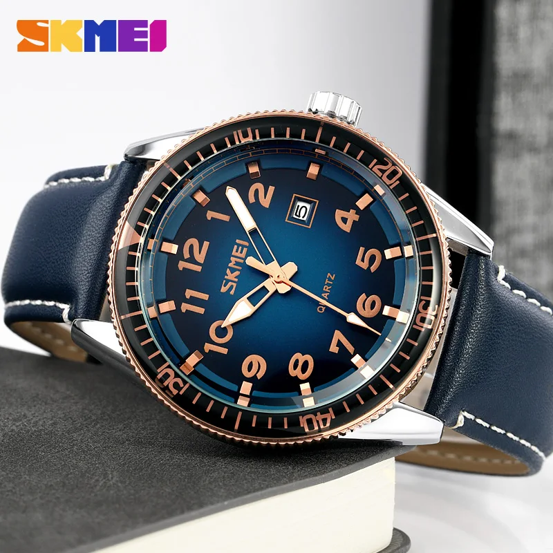 SKMEI-Reloj deportivo de lujo para Hombre, cronógrafo de cuarzo y cuero, resistente al agua, para negocios