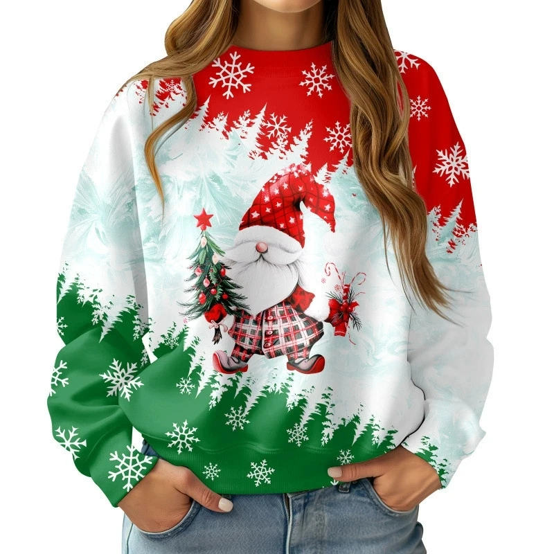 Women's Long Sleeve Christmas Print Sweatshirt Cartoon Santa Claus Deer Design Autumn Winter Thermal Hoodie Party Sportswear