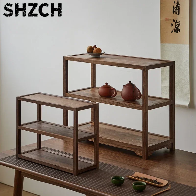 Black Walnut Tea Pot Stand Multifunctional Display Shelf for Cups Vintage Cabinet Organizer for Collectibles Rustic Storage Rack