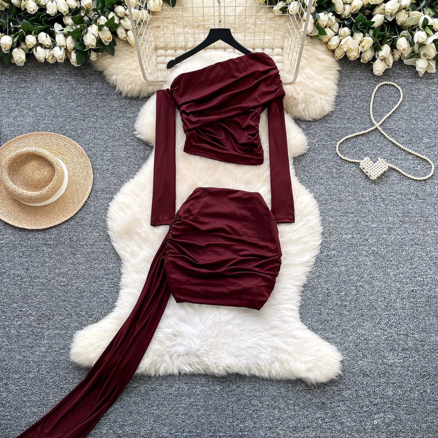 Chic  Vintage Diagonal collar pleated Elegant High Waist Korean Fashion Vestidos Two Piece Set  women clothing