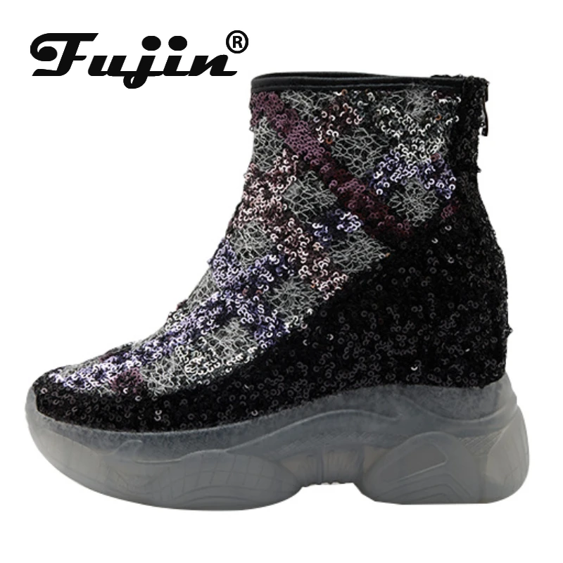 Fujin 8cm Synthetic Leather Synthetic Platform Chimney Zipper Fashion Fashion Summer Mid Calf Ankle Boots Women Breathable Shoes