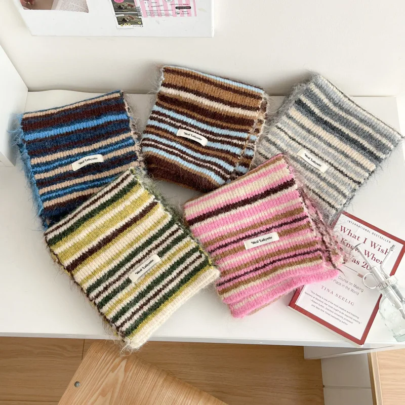 Korea 2025 Autumn Winter New Wool Blend Knit Striped Scarf Women Warm Fashion Neck Wrap