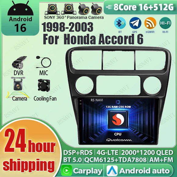 Android 16 Carplay Auto WIFI+4G Car Radio Multimedia Player For Honda Accord 6 1998-2003 DSP Autoradio Stereo 2din Head Unit
