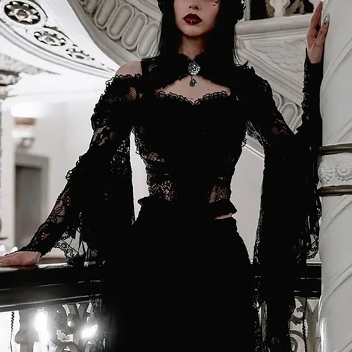 Imagen 2 del producto Punk Bolero encogimiento de hombros Top Trad Goth chales negros cubierta de manga acampanada envolturas para vestidos de noche cárdigan corto encaje transparente