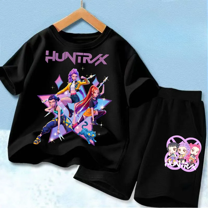 Conjuntos de Moda Infantil para Crianças e Adolescentes, Camisetas de Manga Curta com Decote Redondo e Shorts, 2 Peças, Conjuntos Casuais de Verão para Meninas com Estampa de Desenhos Animados K POP