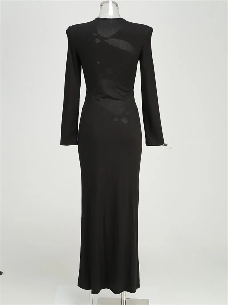 Robe de soirée à manches longues pour femmes noires, robe de Rh, robe de soirée, robe de tapis rouge, jupe sexy, gaine longue creuse
