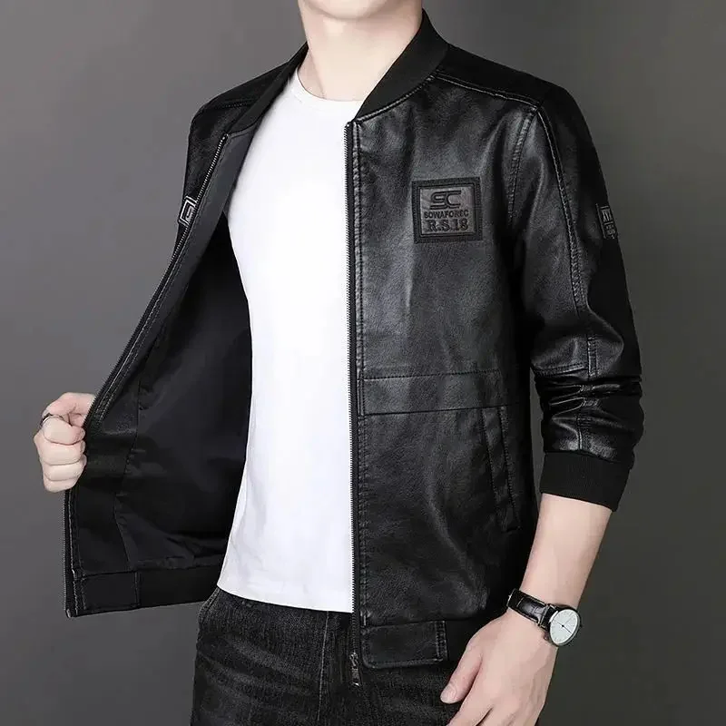 Male Fashion Slim-Fit Coat Winter Men Fleece-Lined Stand Neck Trendy Leather Jacket Casual Large Size 6XL Short Outwear