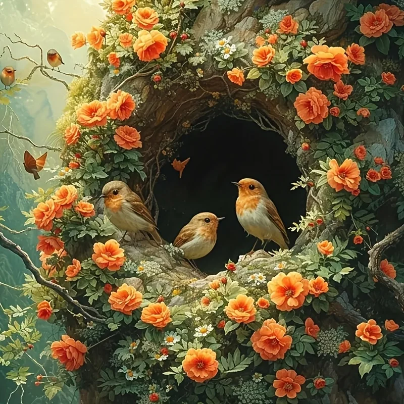 

1pc 5D DIY Tree Hollow Bird Art Diamond Painting Kit - Vibrant Acrylic Acrylic Wall Decor with Colorful Flowers & Songbirds.