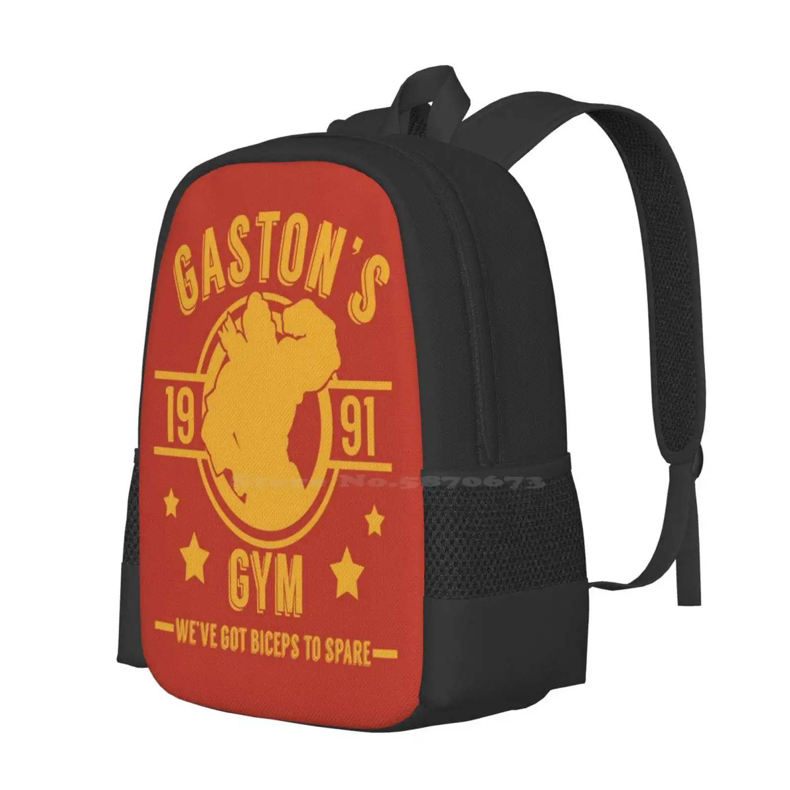 Gaston'S Gym (Red & Yellow Version) Hot Sale Schoolbag Backpack Fashion Bags Gaston Gym Fictional Company Biceps To Spare