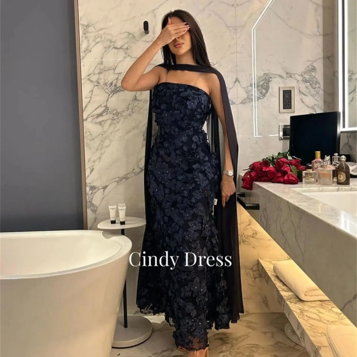 Navy Blue 3D Flower Mermaid Dresses on Offer Liquidation Long Wedding Party Dress Special Events Saudi Women Evening Customized