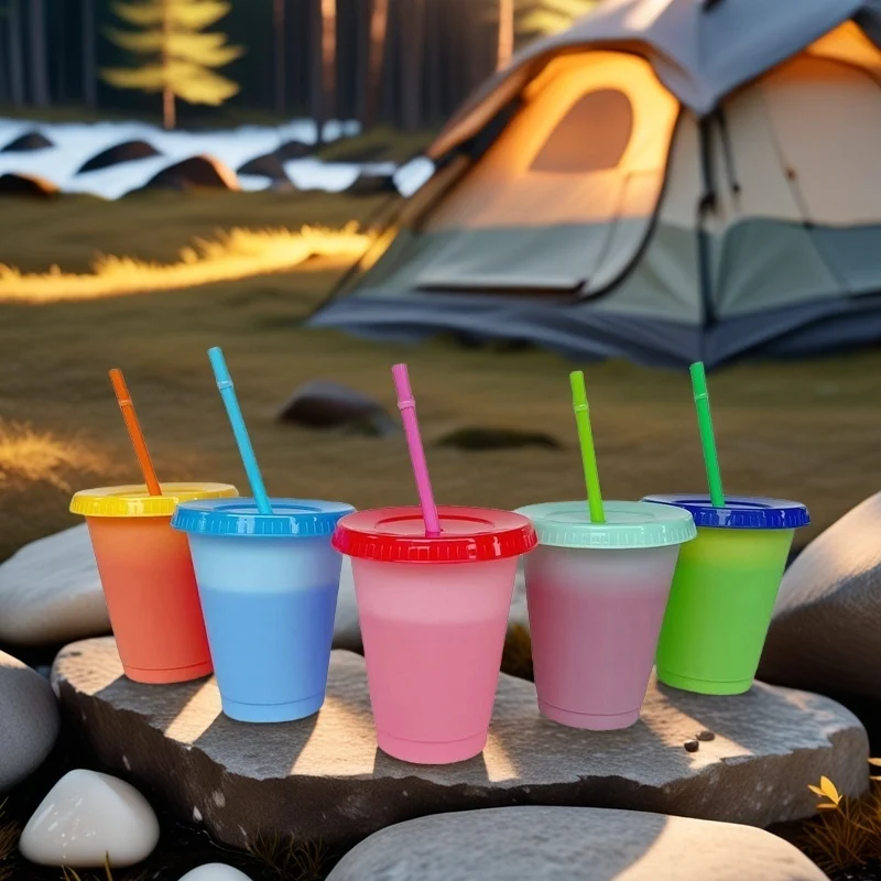 16 oz color changing cups, 5 colors plastic cups reusable with lid and straw, iced coffee cups, party cups, set of 5