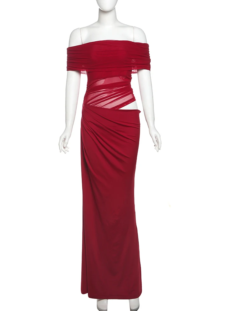 Whatiwear – robe creuse en maille pour femmes, Sexy, Patchwork froncé, col Slash, manches courtes, soirée de Banquet de minuit, tenues élégantes à la mode