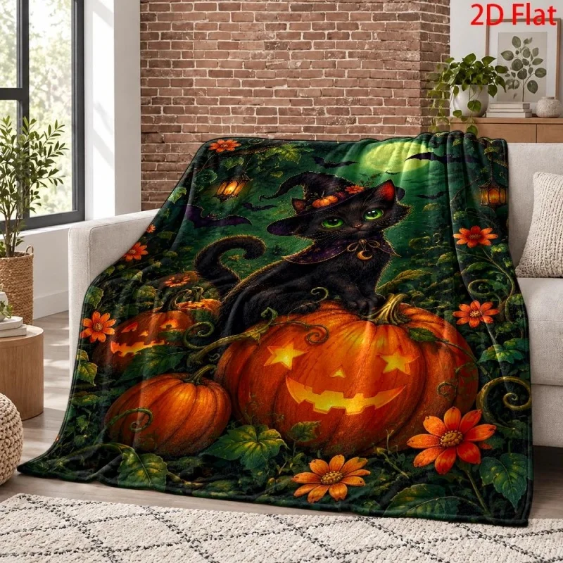 Fall Breeze Sleeping Cat Pumpkin Sunflower Print Flannel Throw Blanket, Plaid Sweater Lantern Letter Graphic Pattern Soft