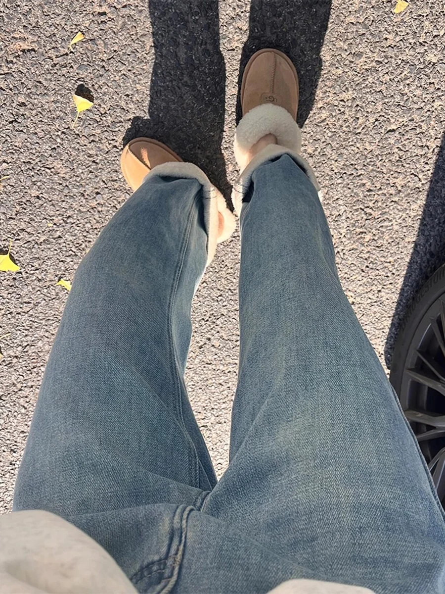 

Women's Fleece Lined Thick Straight Leg Jeans Spring Autumn High Waist Wide Leg Pants Loose Slimming Long Trousers