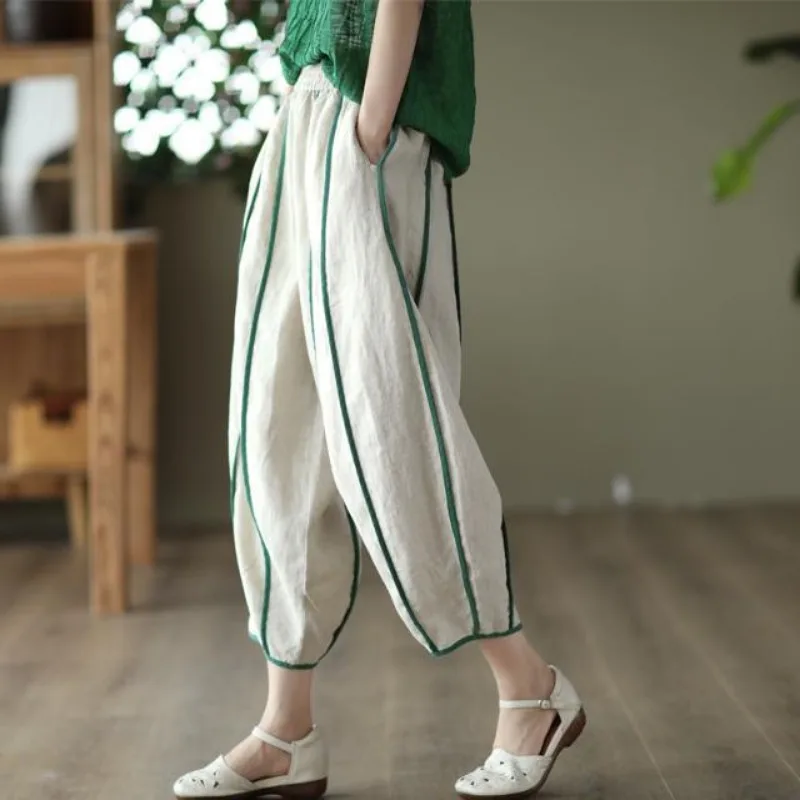 

Women Harlan Pants Cropped Pants Summer Thin Stripe Elasticity Loose Fitting Casual Pants