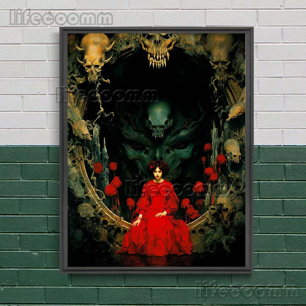 Beautiful Girl Who Fell Into Hell Vintage Wall Art Canvas Painting,Witch Surrounded By Demons,Witchcraft Art Poster Print Decor
