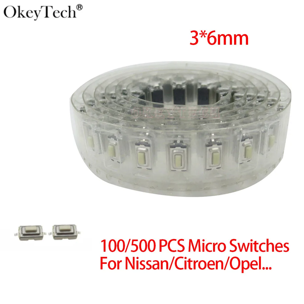 Okeytech 100/500PCS Car Key Miniature Button Micro Switch For Citroen/Peugeot For Opel For Ford For Nissan Button (Size:6*3mm)