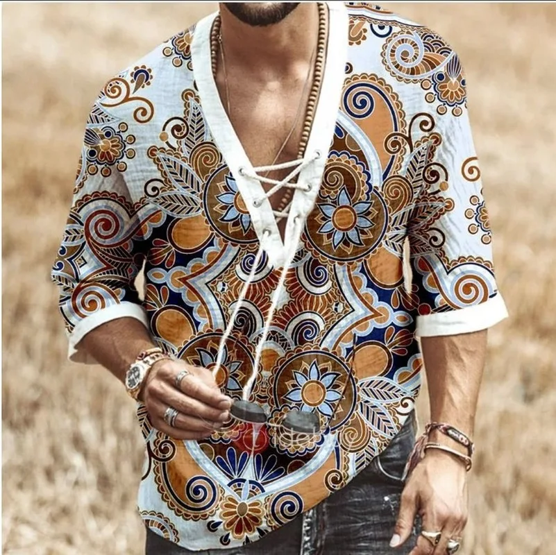 Men Clothes 2022 European American New Men's Chest Lace-up Short-sleeved Printed Shirt Casual V-Neck Mens Dress Shirts